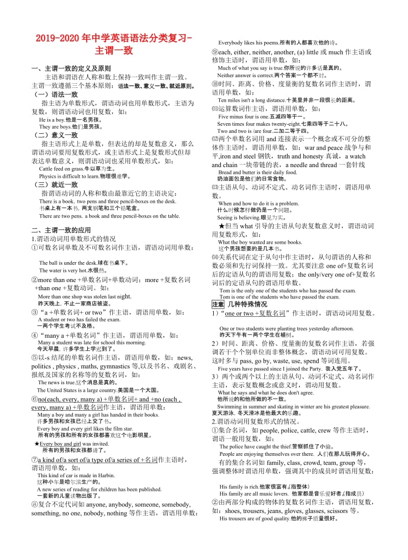 2019-2020年中学英语语法分类复习-主谓一致.doc_第1页