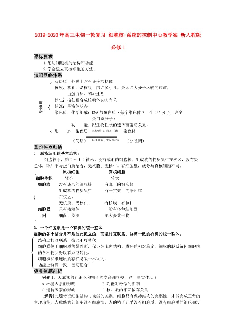 2019-2020年高三生物一轮复习 细胞核-系统的控制中心教学案 新人教版必修1.doc_第1页