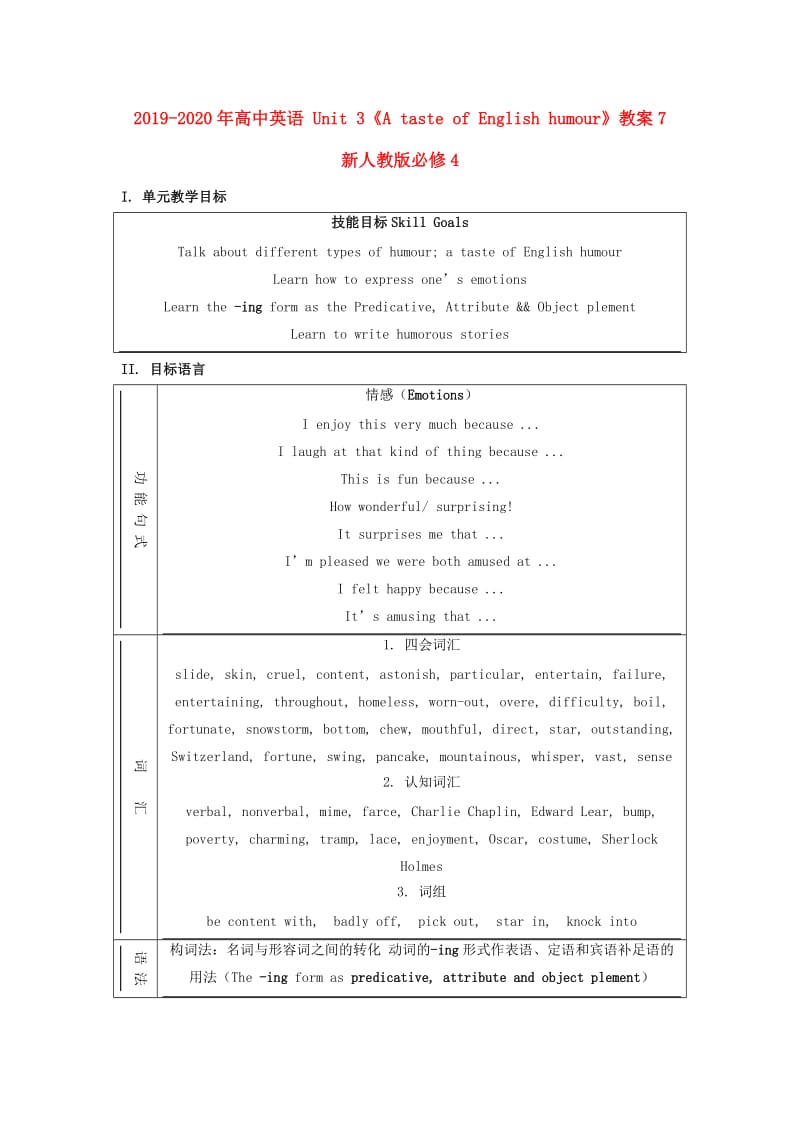 2019-2020年高中英语 Unit 3《A taste of English humour》教案7 新人教版必修4.doc_第1页