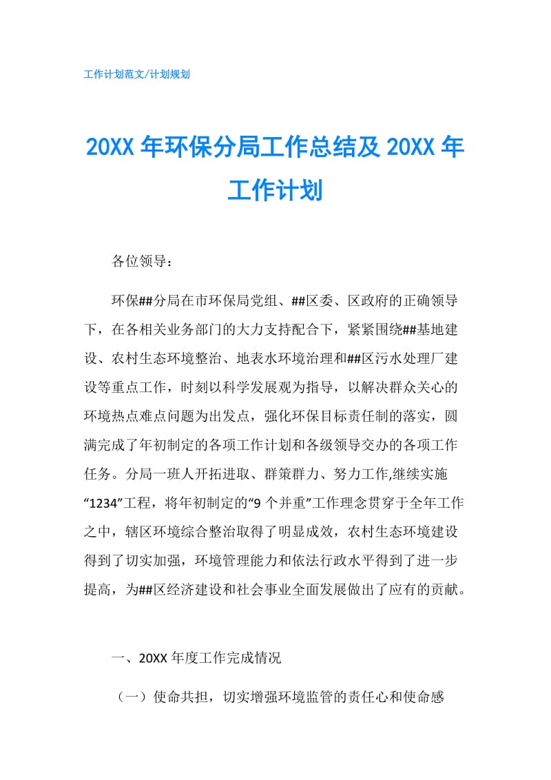 20XX年环保分局工作总结及20XX年工作计划.doc_第1页