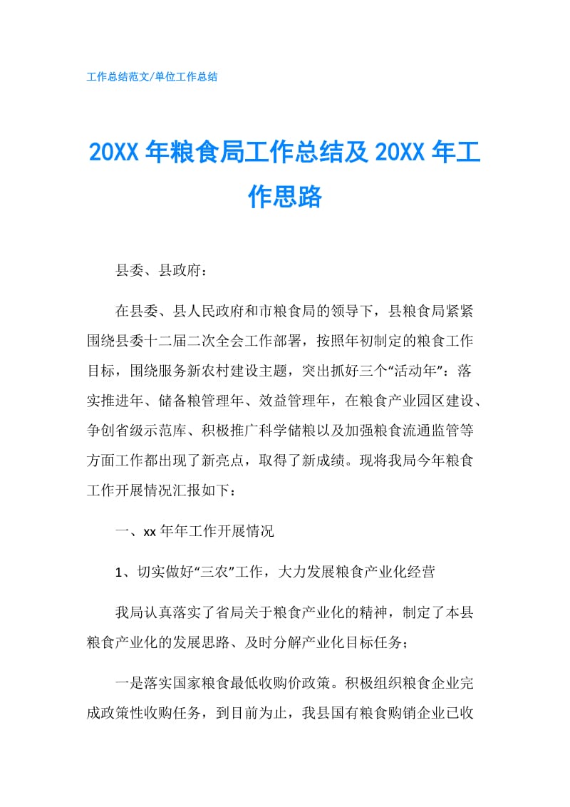 20XX年粮食局工作总结及20XX年工作思路.doc_第1页