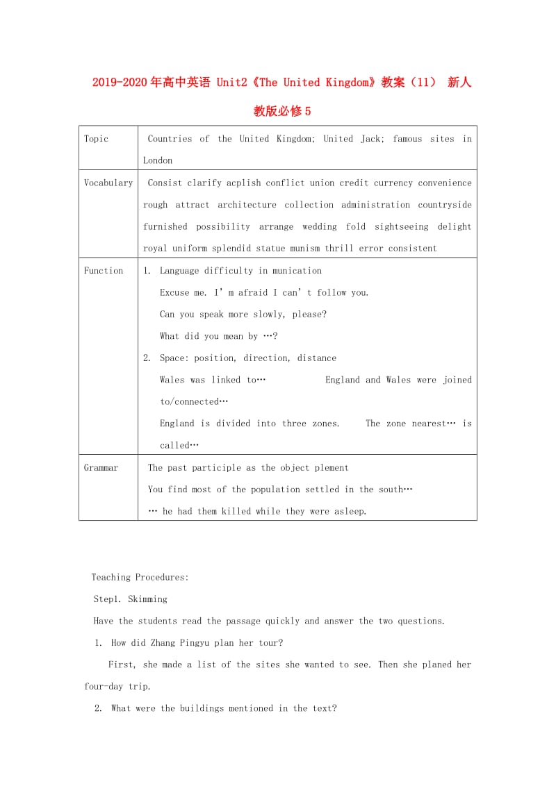 2019-2020年高中英语 Unit2《The United Kingdom》教案（11） 新人教版必修5.doc_第1页