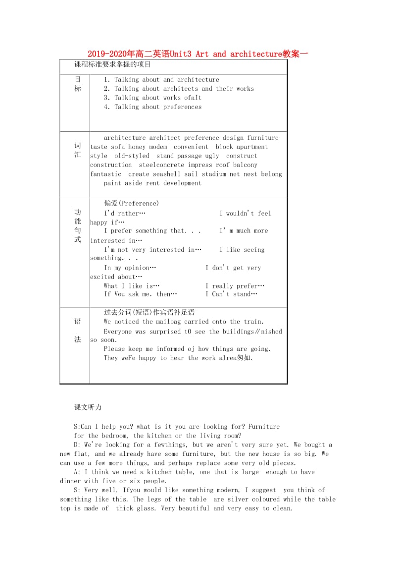 2019-2020年高二英语Unit3 Art and architecture教案一.doc_第1页