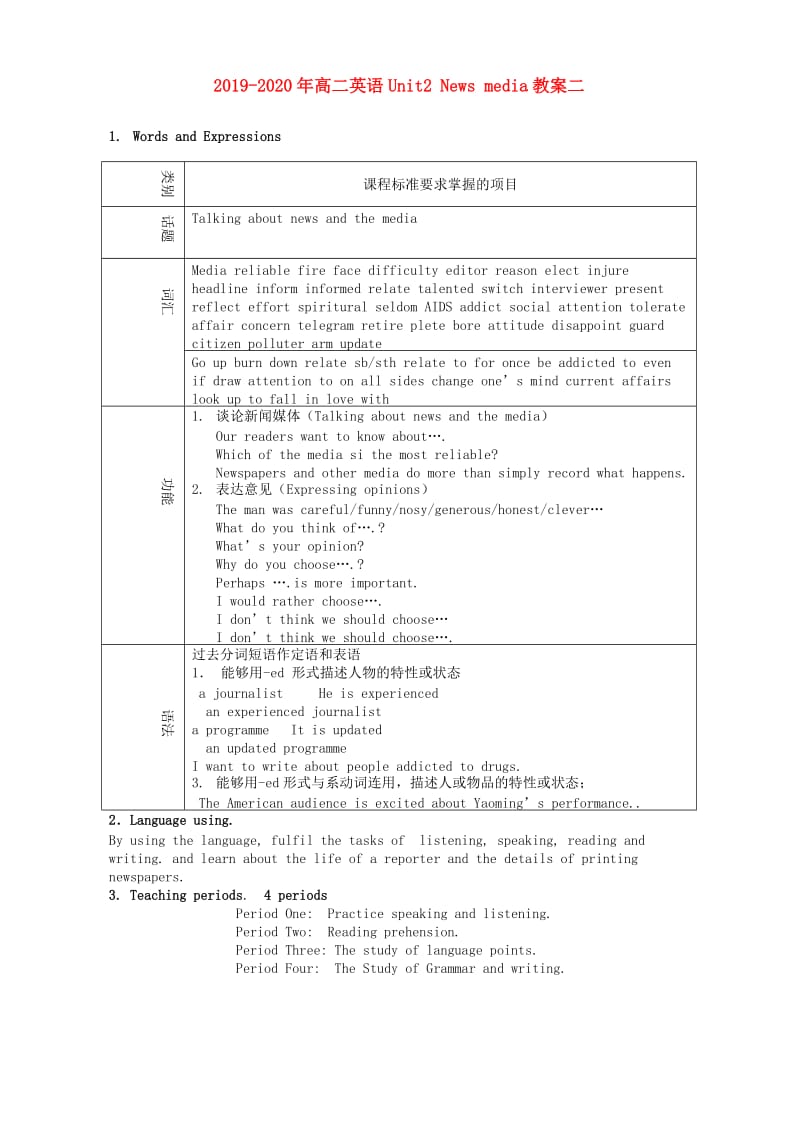 2019-2020年高二英语Unit2 News media教案二.doc_第1页