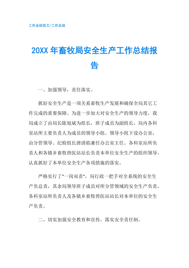 20XX年畜牧局安全生产工作总结报告.doc_第1页