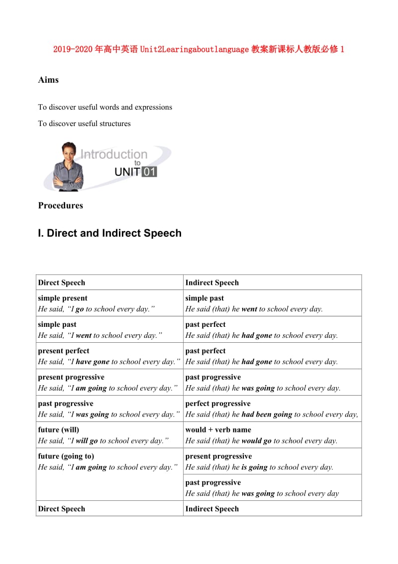 2019-2020年高中英语Unit2Learingaboutlanguage教案新课标人教版必修1.doc_第1页