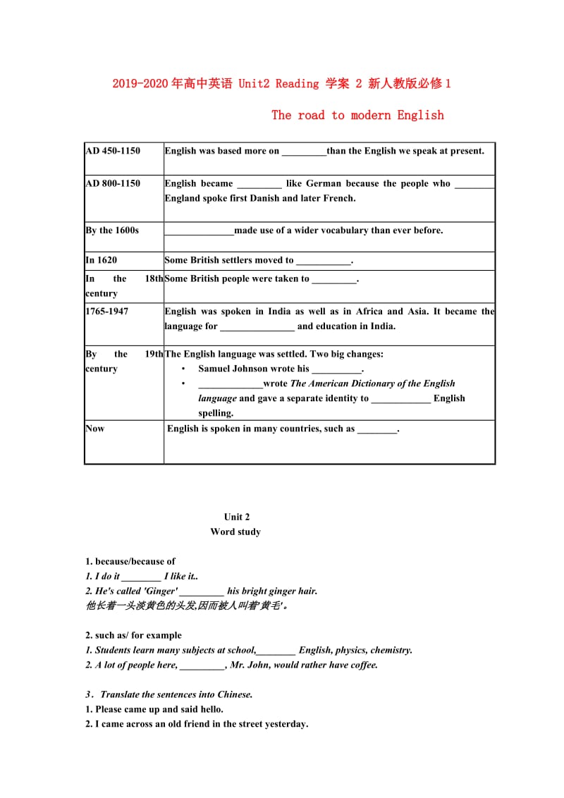 2019-2020年高中英语 Unit2 Reading 学案 2 新人教版必修1.doc_第1页