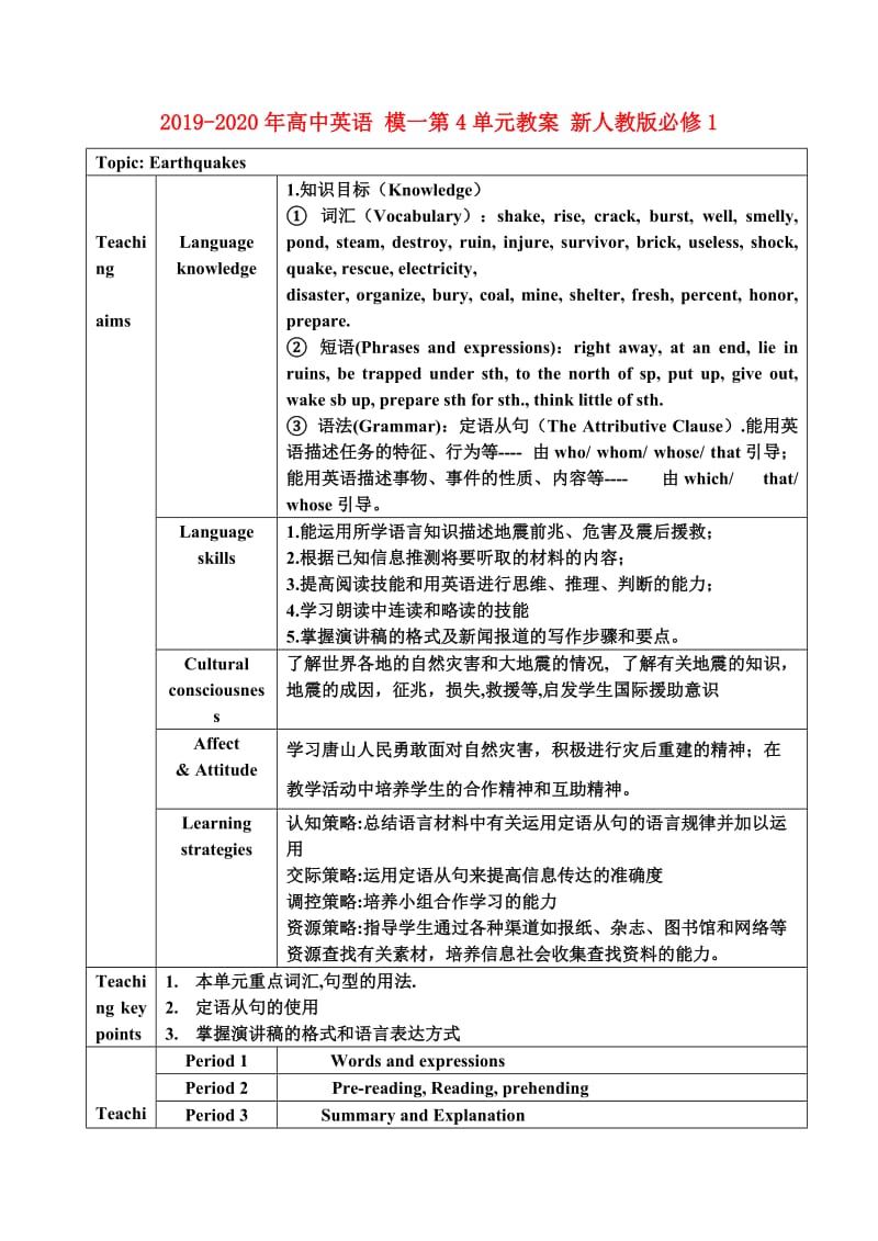 2019-2020年高中英语 模一第4单元教案 新人教版必修1.doc_第1页