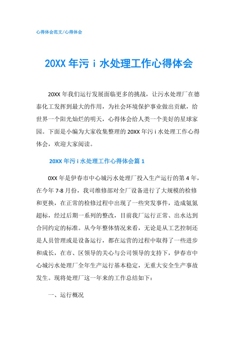 20XX年污i水处理工作心得体会.doc_第1页