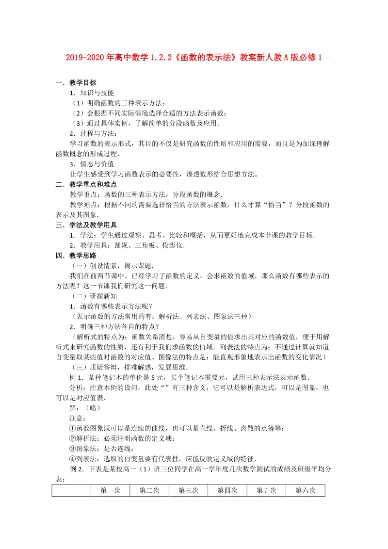 2019-2020年高中数学1.2.2《函数的表示法》教案新人教A版必修1.doc_第1页