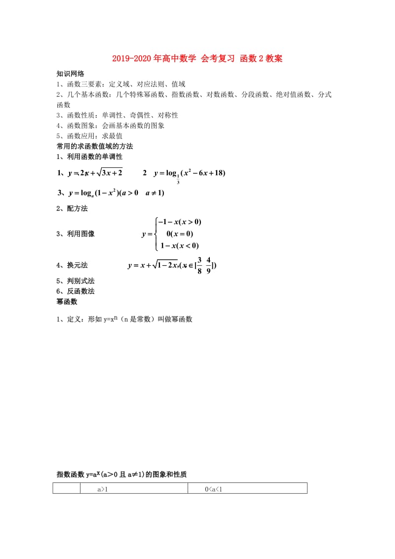 2019-2020年高中数学 会考复习 函数2教案.doc_第1页