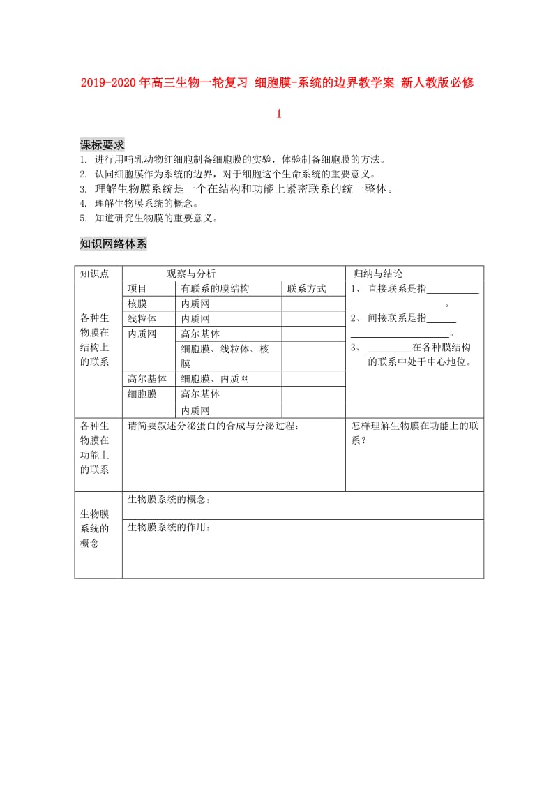 2019-2020年高三生物一轮复习 细胞膜-系统的边界教学案 新人教版必修1.doc_第1页