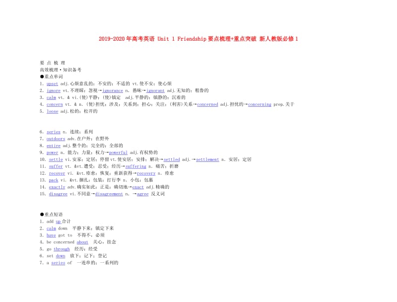 2019-2020年高考英语 Unit 1 Friendship要点梳理+重点突破 新人教版必修1.doc_第1页