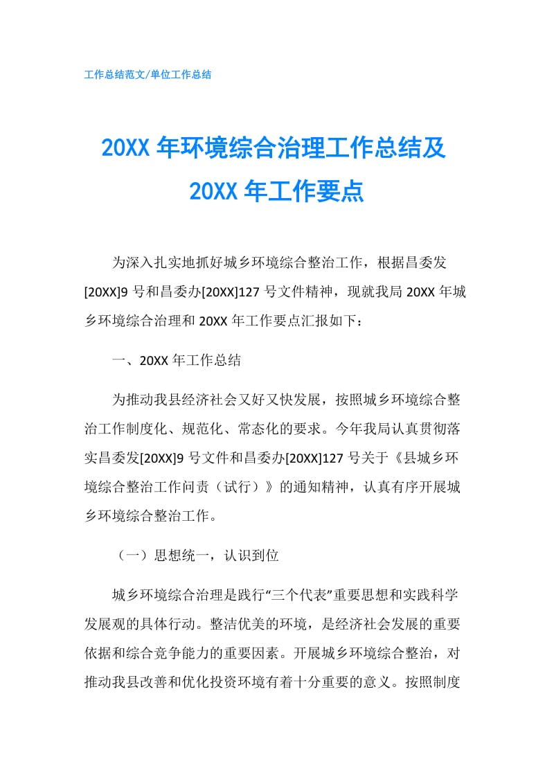 20XX年环境综合治理工作总结及20XX年工作要点.doc_第1页