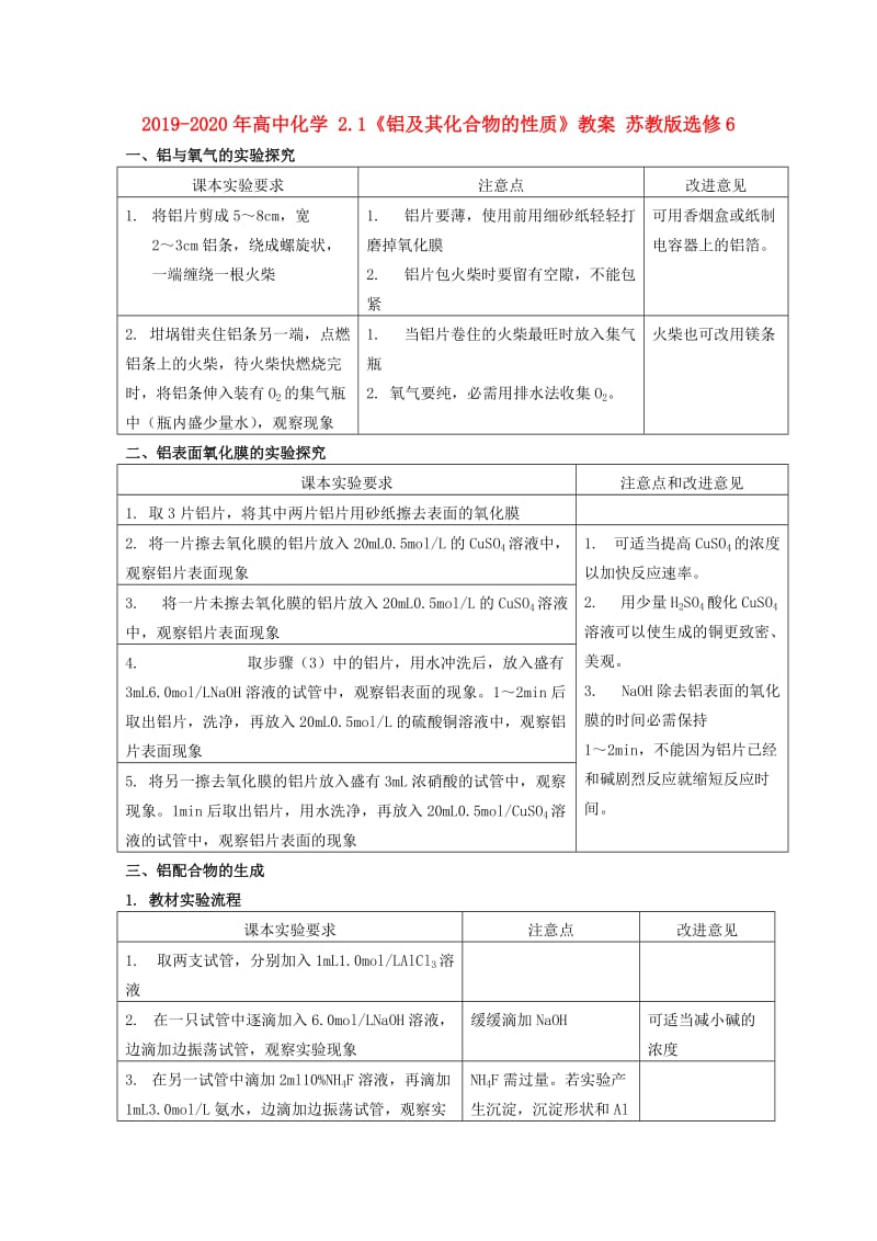 2019-2020年高中化学 2.1《铝及其化合物的性质》教案 苏教版选修6.doc_第1页