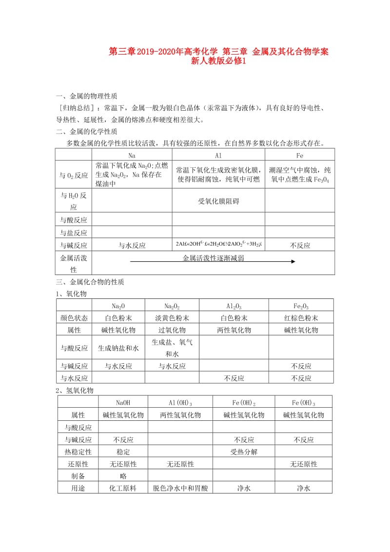 2019-2020年高考化学 第三章 金属及其化合物学案 新人教版必修1.doc_第1页