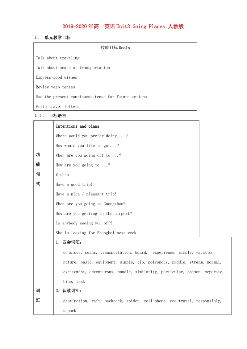 2019-2020年高一英语Unit3 Going Places 人教版.doc_第1页