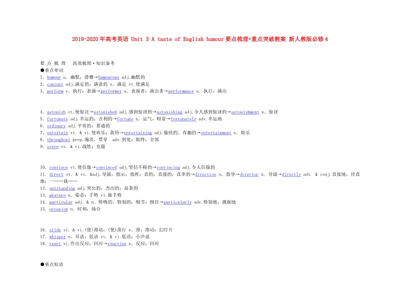 2019-2020年高考英语 Unit 3 A taste of English humour要点梳理+重点突破教案 新人教版必修4.doc_第1页