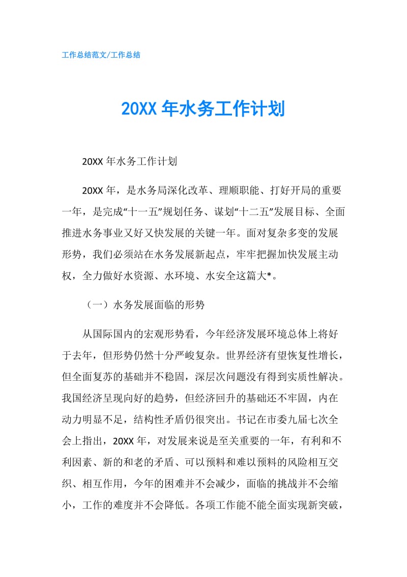 20XX年水务工作计划.doc_第1页