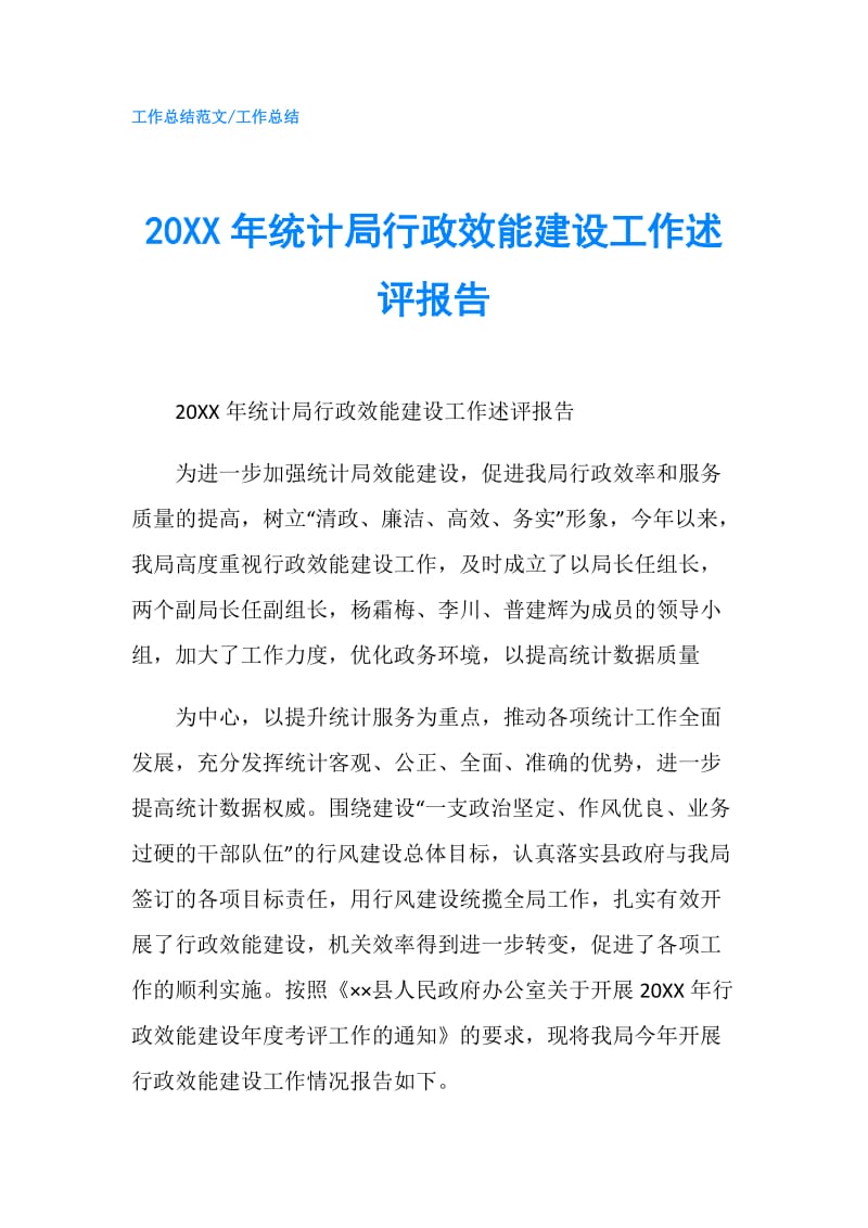 20XX年统计局行政效能建设工作述评报告.doc_第1页