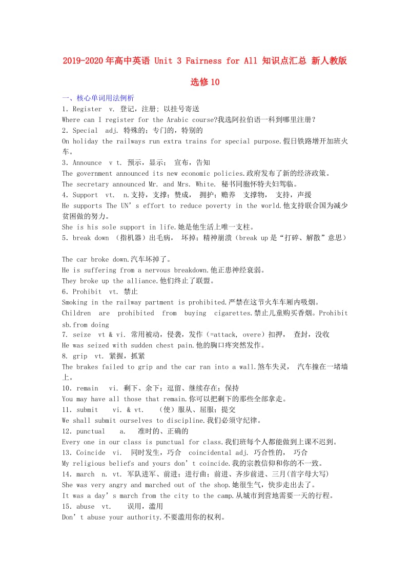 2019-2020年高中英语 Unit 3 Fairness for All 知识点汇总 新人教版选修10.doc_第1页