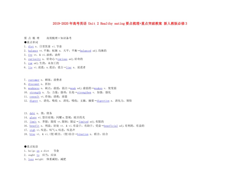 2019-2020年高考英语 Unit 2 Healthy eating要点梳理+重点突破教案 新人教版必修3.doc_第1页