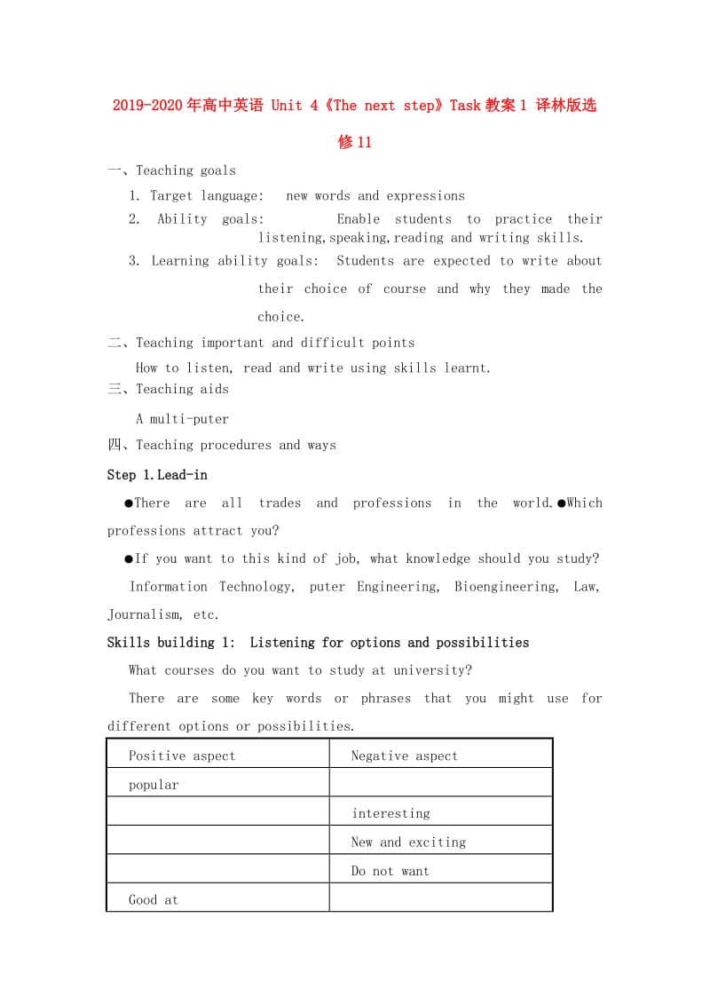 2019-2020年高中英语 Unit 4《The next step》Task教案1 译林版选修11.doc_第1页