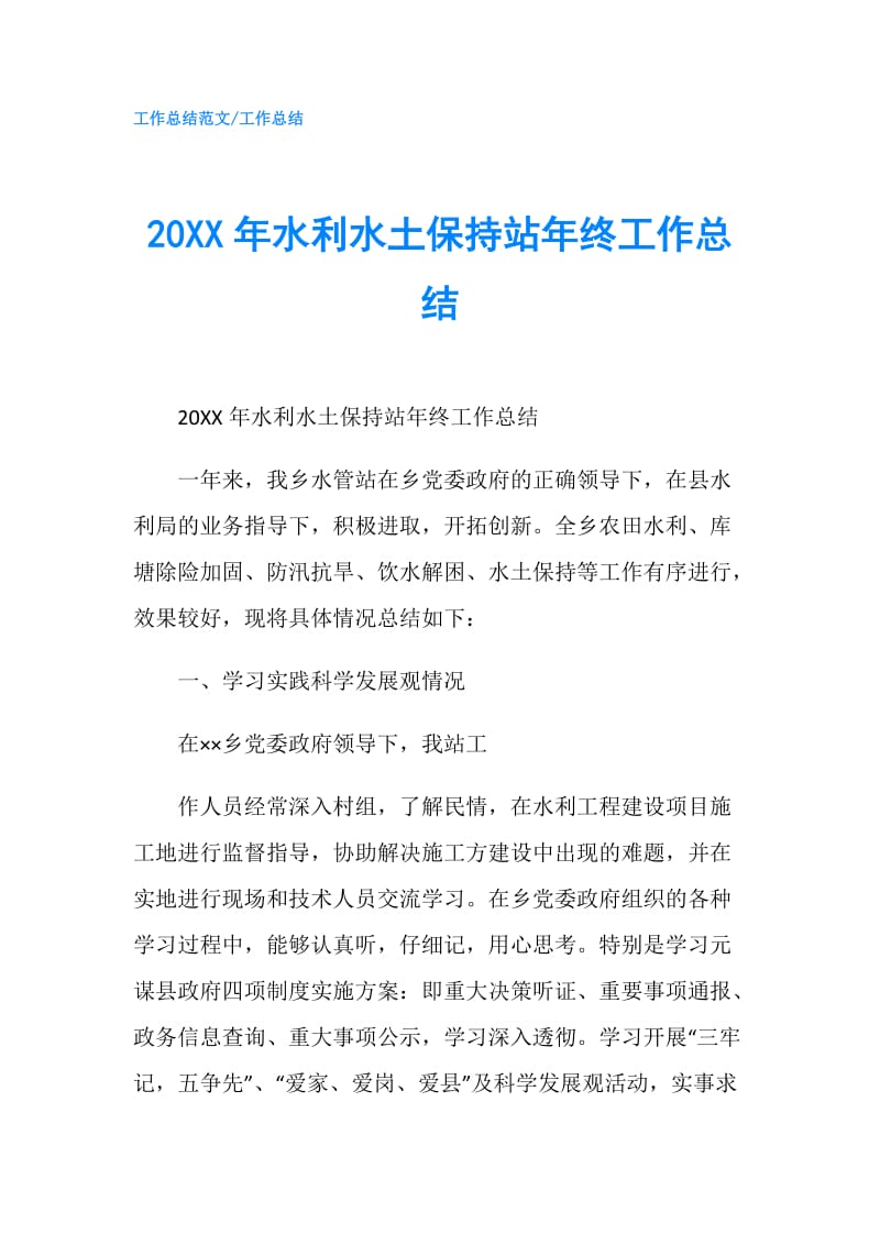 20XX年水利水土保持站年终工作总结.doc_第1页