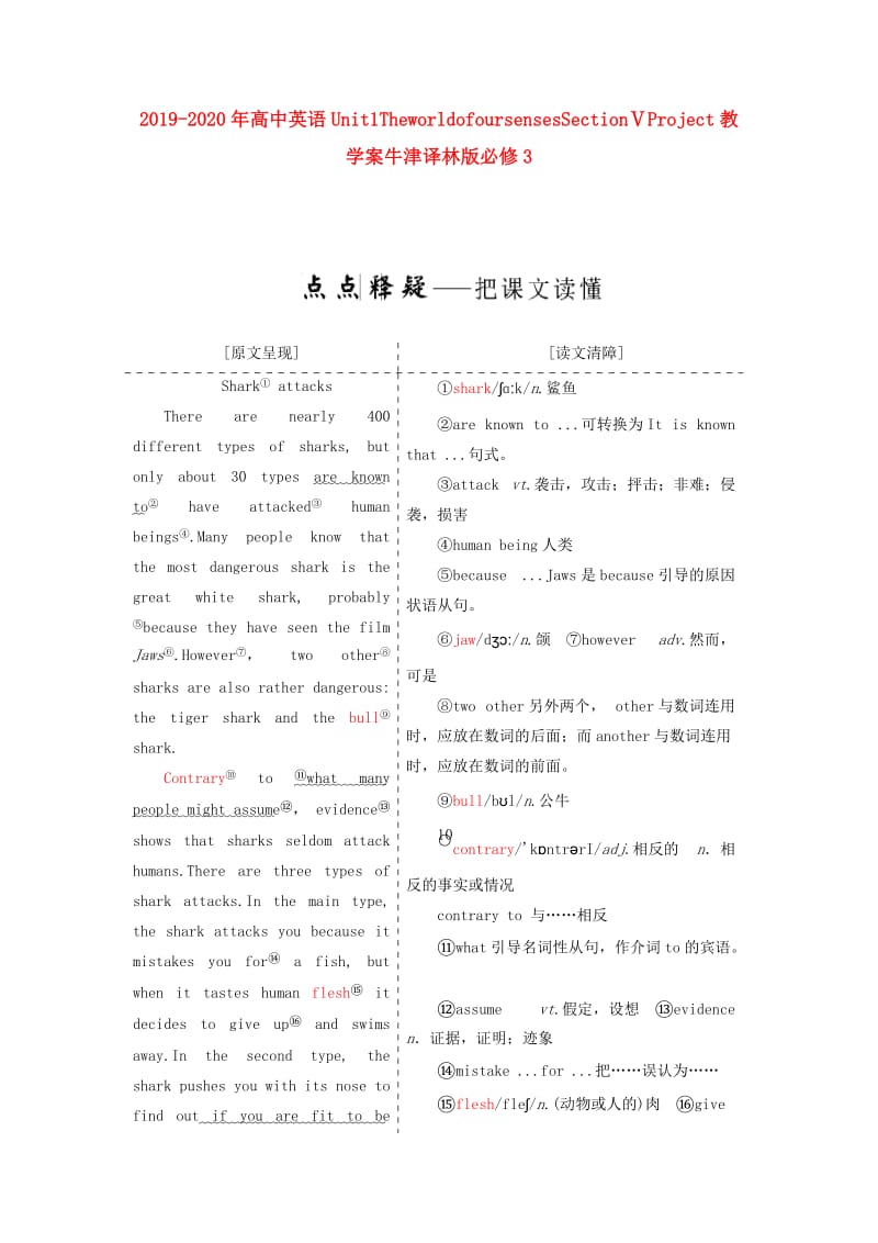 2019-2020年高中英语Unit1TheworldofoursensesSectionⅤProject教学案牛津译林版必修3.doc_第1页