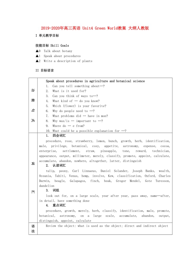 2019-2020年高三英语 Unit4 Green World教案 大纲人教版.doc_第1页