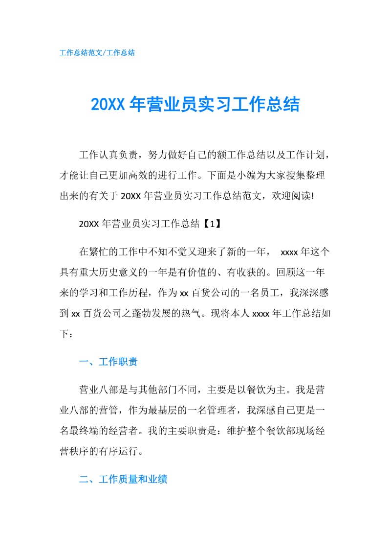 20XX年营业员实习工作总结.doc_第1页