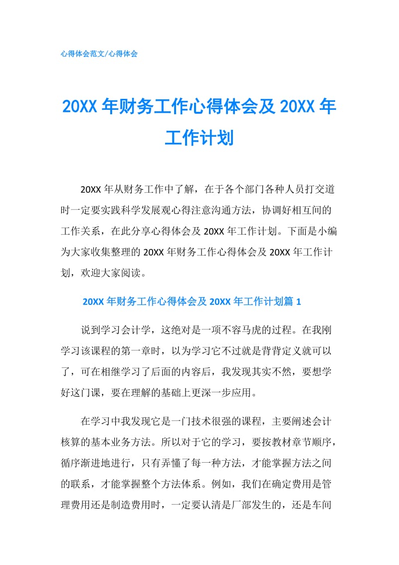 20XX年财务工作心得体会及20XX年工作计划.doc_第1页