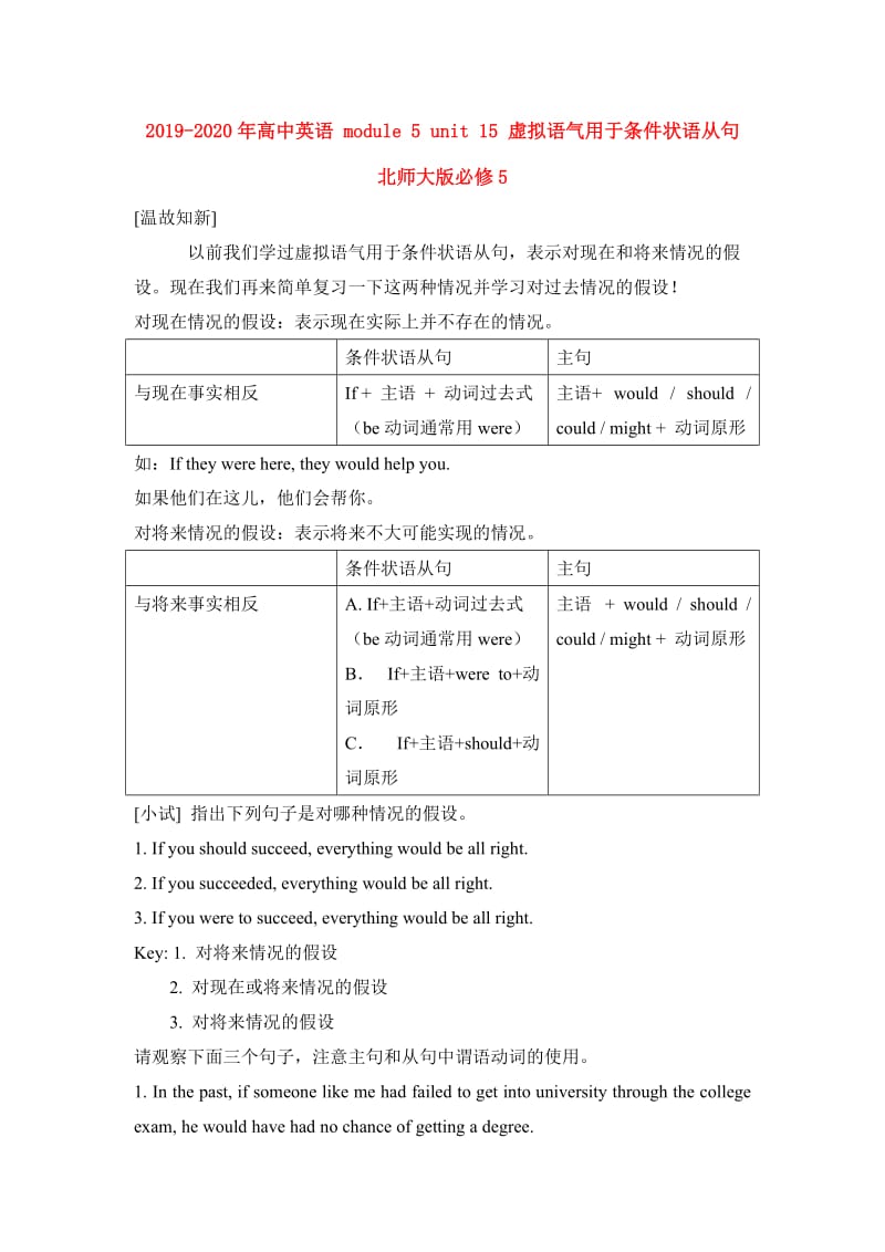 2019-2020年高中英语 module 5 unit 15 虚拟语气用于条件状语从句 北师大版必修5.doc_第1页