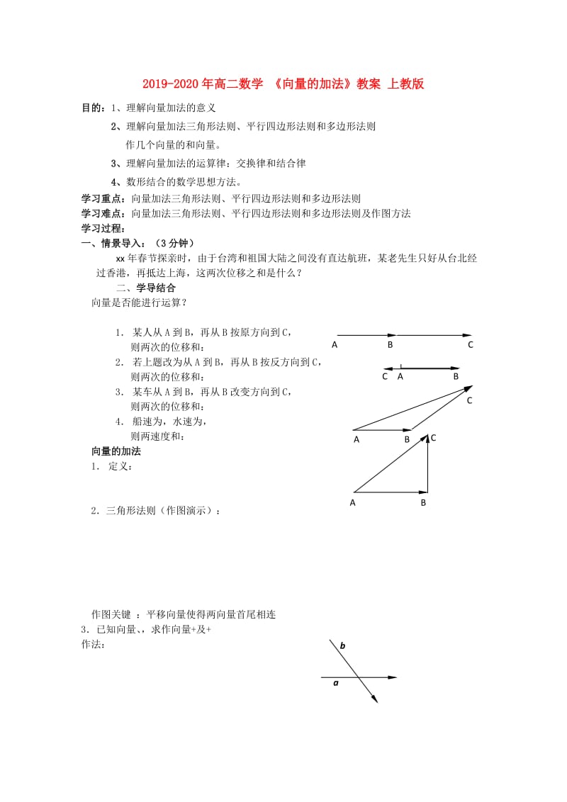 2019-2020年高二数学 《向量的加法》教案 上教版.doc_第1页