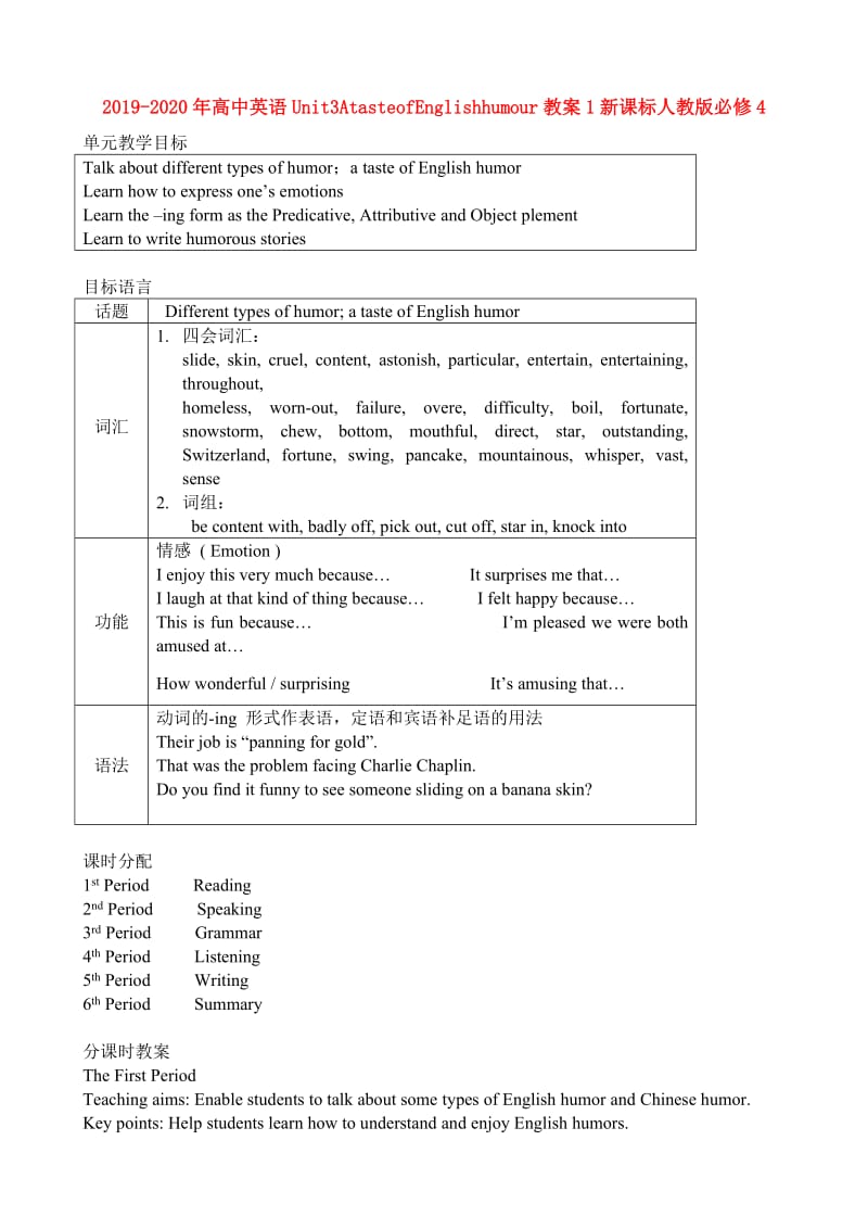 2019-2020年高中英语Unit3AtasteofEnglishhumour教案1新课标人教版必修4.doc_第1页