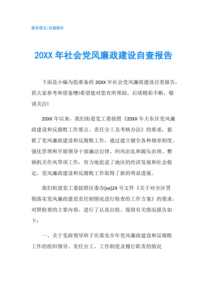 20XX年社会党风廉政建设自查报告.doc_第1页