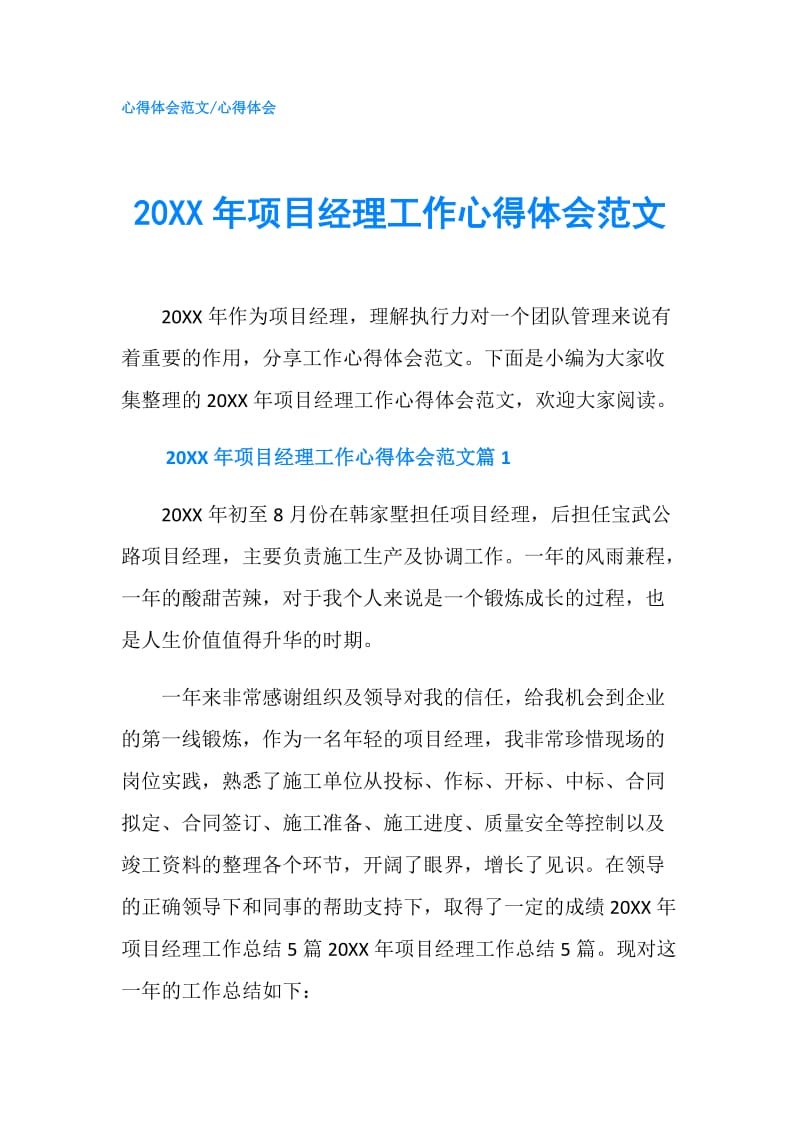 20XX年项目经理工作心得体会范文.doc_第1页