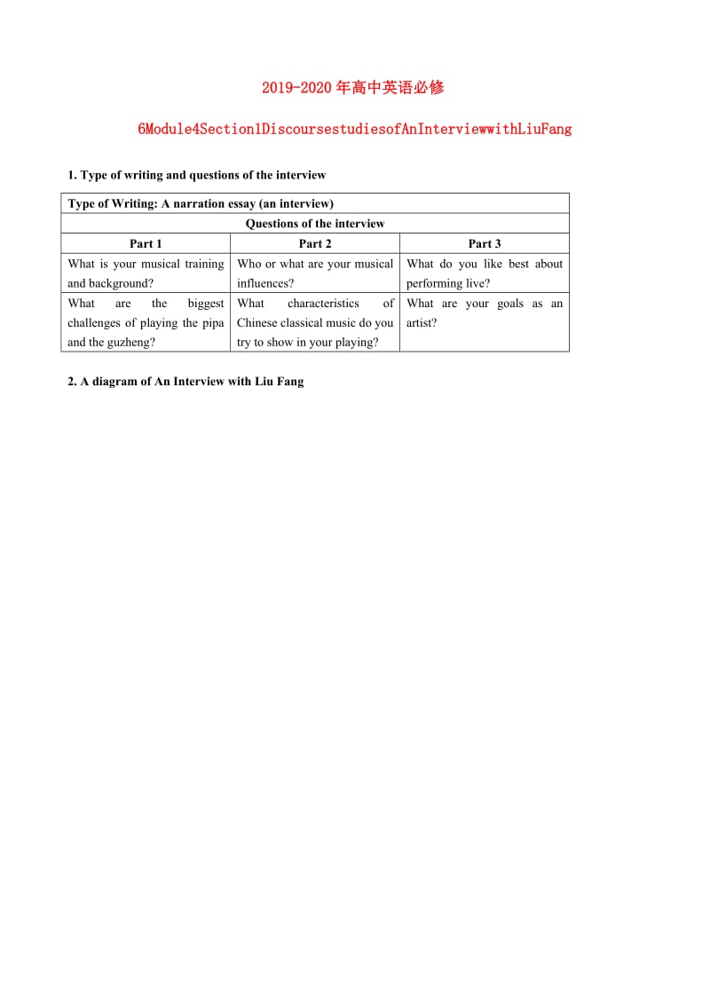 2019-2020年高中英语必修6Module4Section1DiscoursestudiesofAnInterviewwithLiuFang.doc_第1页