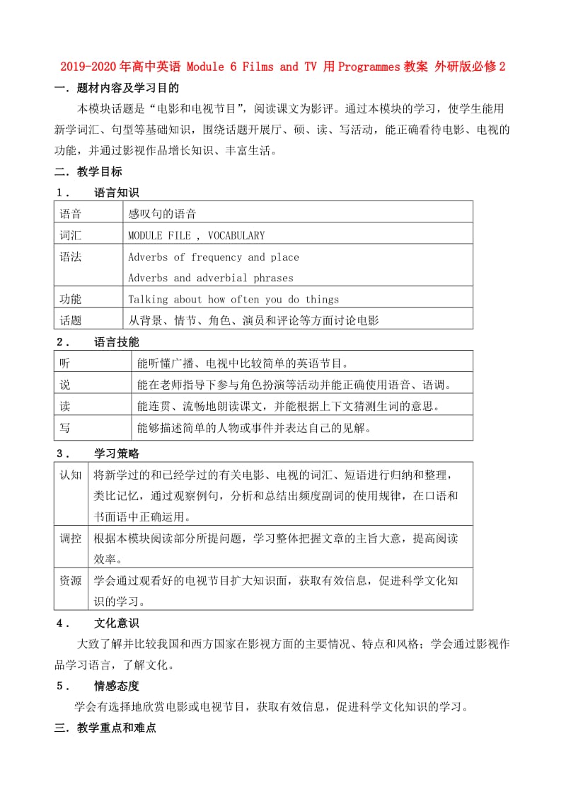 2019-2020年高中英语 Module 6 Films and TV 用Programmes教案 外研版必修2.doc_第1页