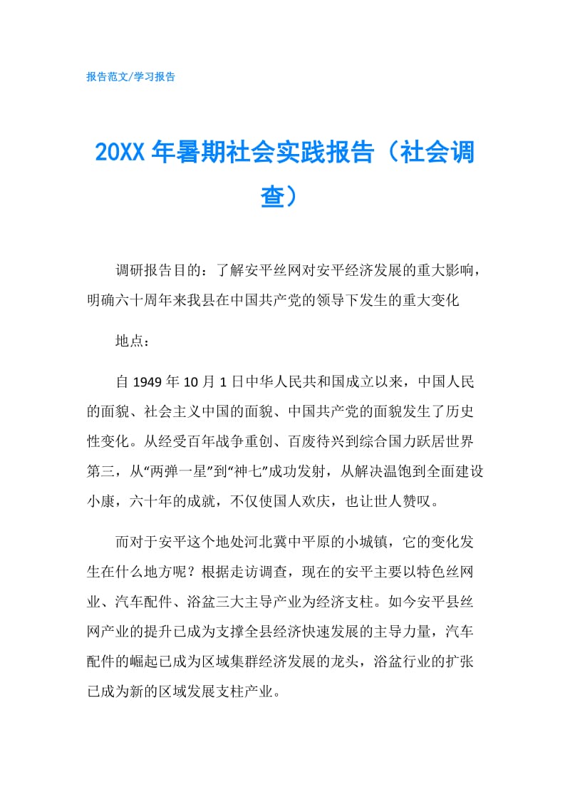 20XX年暑期社会实践报告（社会调查）.doc_第1页