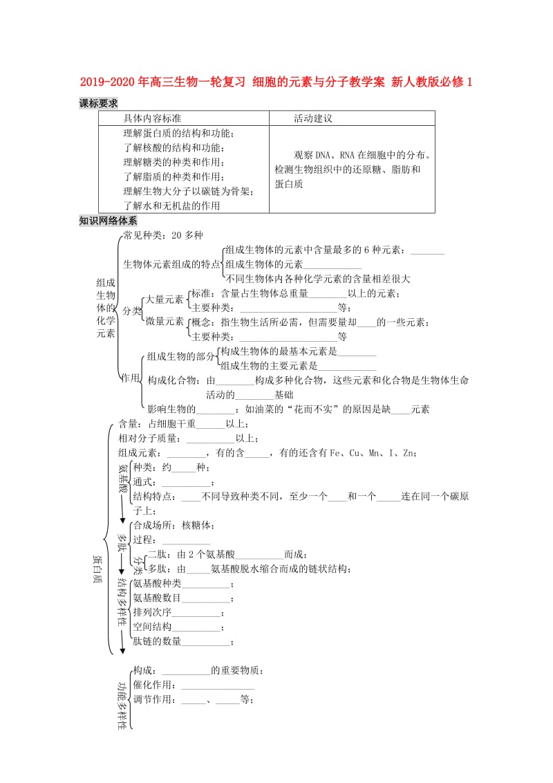 2019-2020年高三生物一轮复习 细胞的元素与分子教学案 新人教版必修1.doc_第1页