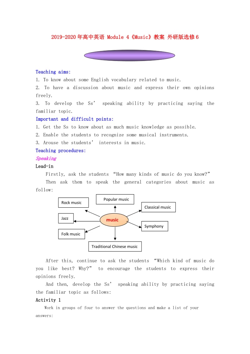 2019-2020年高中英语 Module 4《Music》教案 外研版选修6.doc_第1页