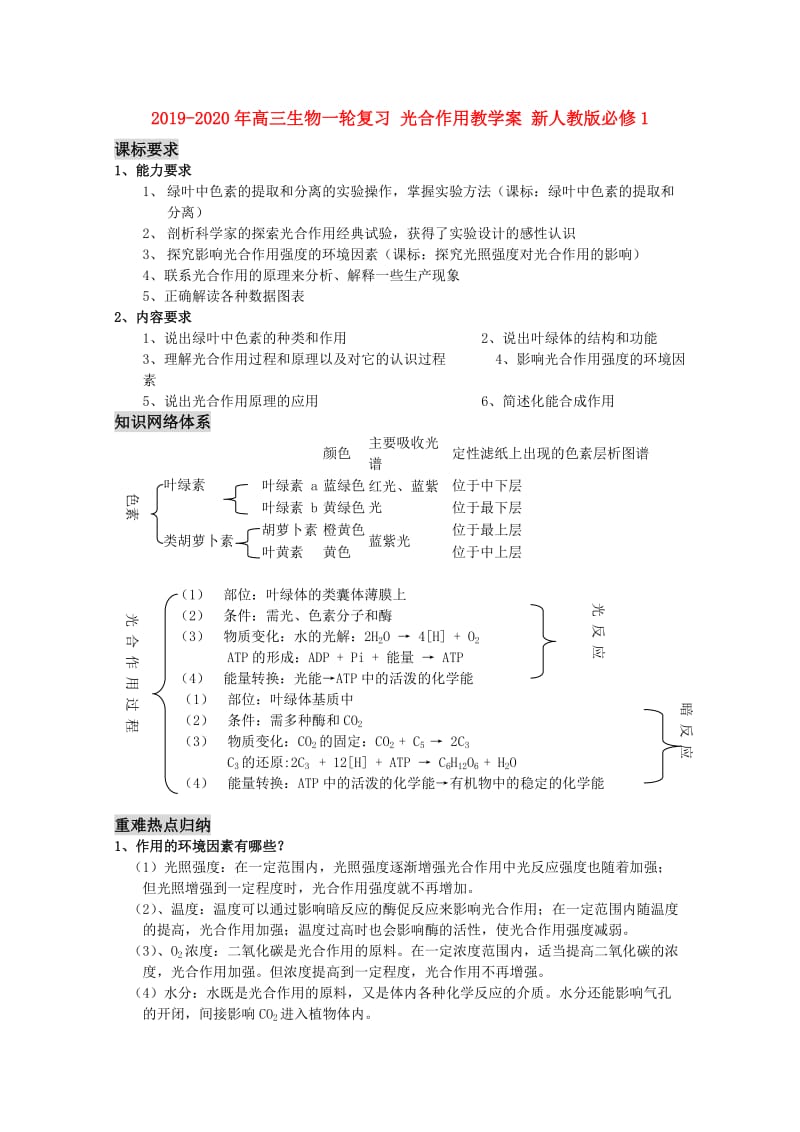 2019-2020年高三生物一轮复习 光合作用教学案 新人教版必修1.doc_第1页