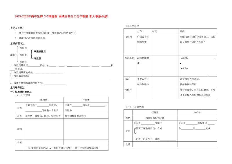 2019-2020年高中生物 3-2细胞器 系统内的分工合作教案 新人教版必修1.doc_第1页