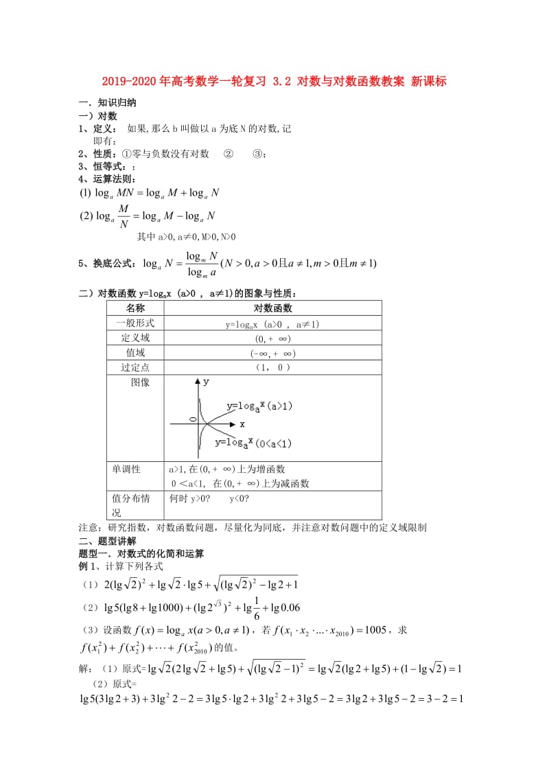 2019-2020年高考数学一轮复习 3.2 对数与对数函数教案 新课标.doc_第1页