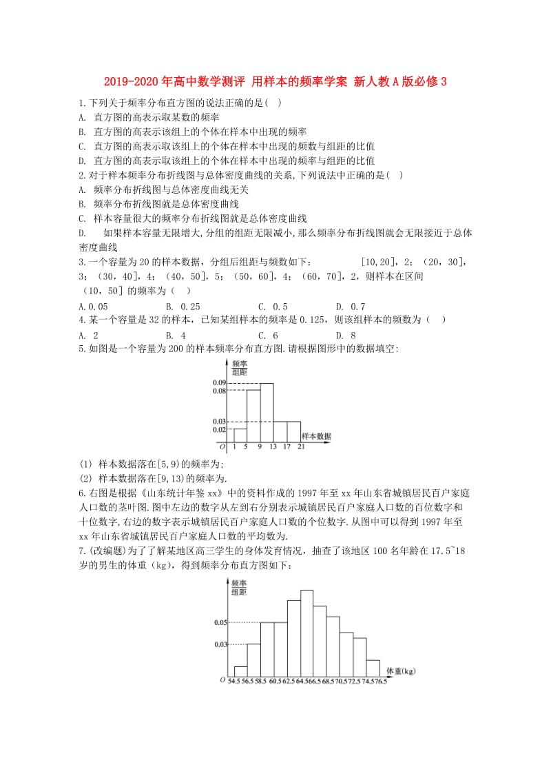 2019-2020年高中数学测评 用样本的频率学案 新人教A版必修3.doc_第1页