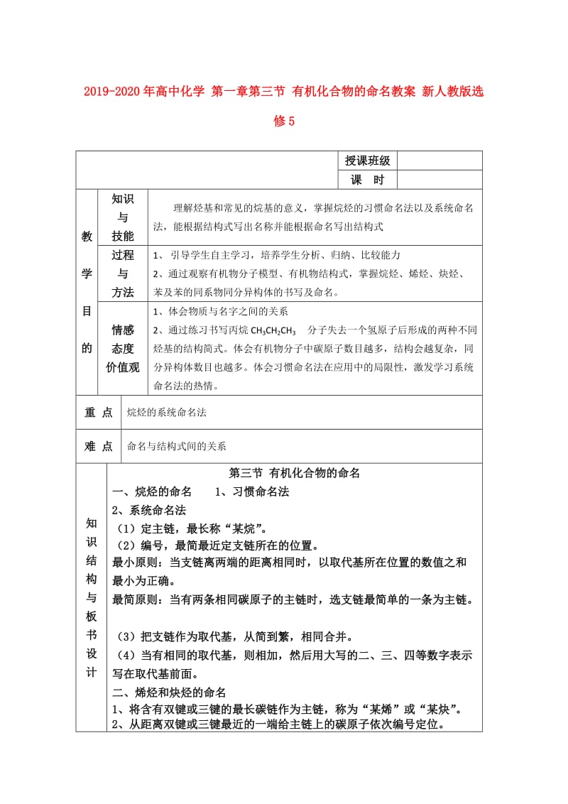 2019-2020年高中化学 第一章第三节 有机化合物的命名教案 新人教版选修5.doc_第1页