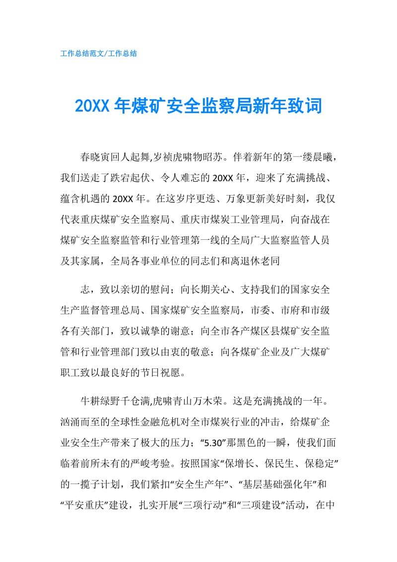 20XX年煤矿安全监察局新年致词.doc_第1页