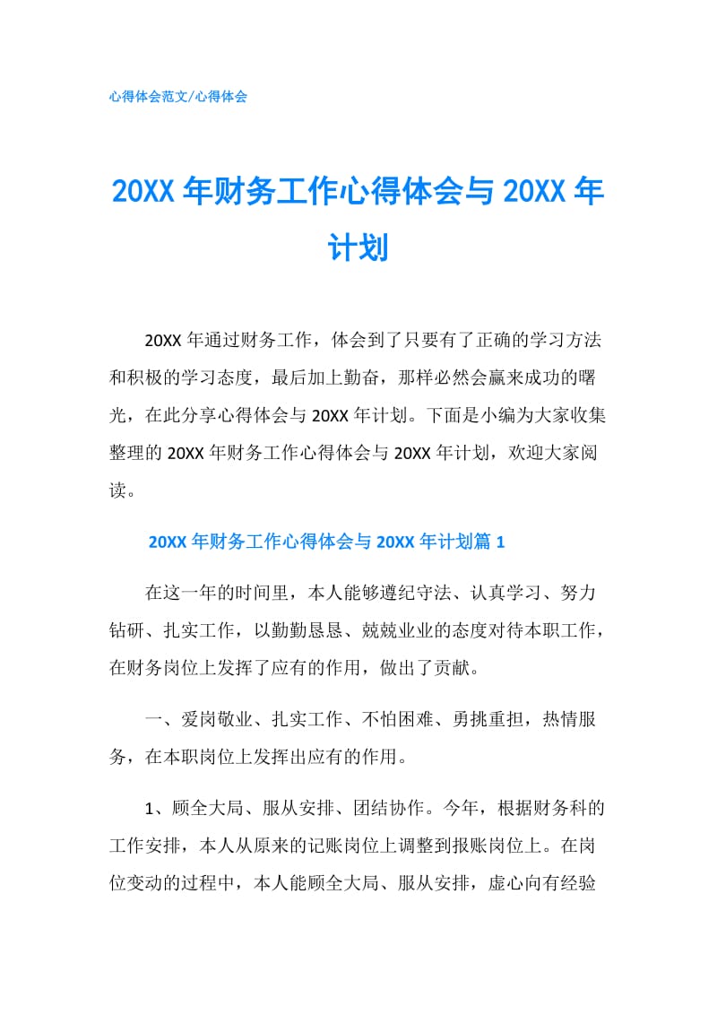 20XX年财务工作心得体会与20XX年计划.doc_第1页