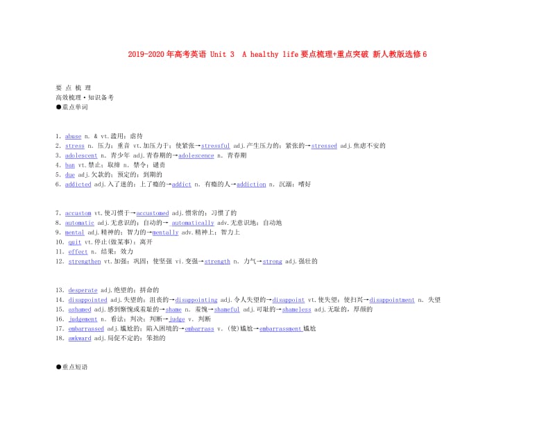 2019-2020年高考英语 Unit 3　A healthy life要点梳理+重点突破 新人教版选修6.doc_第1页